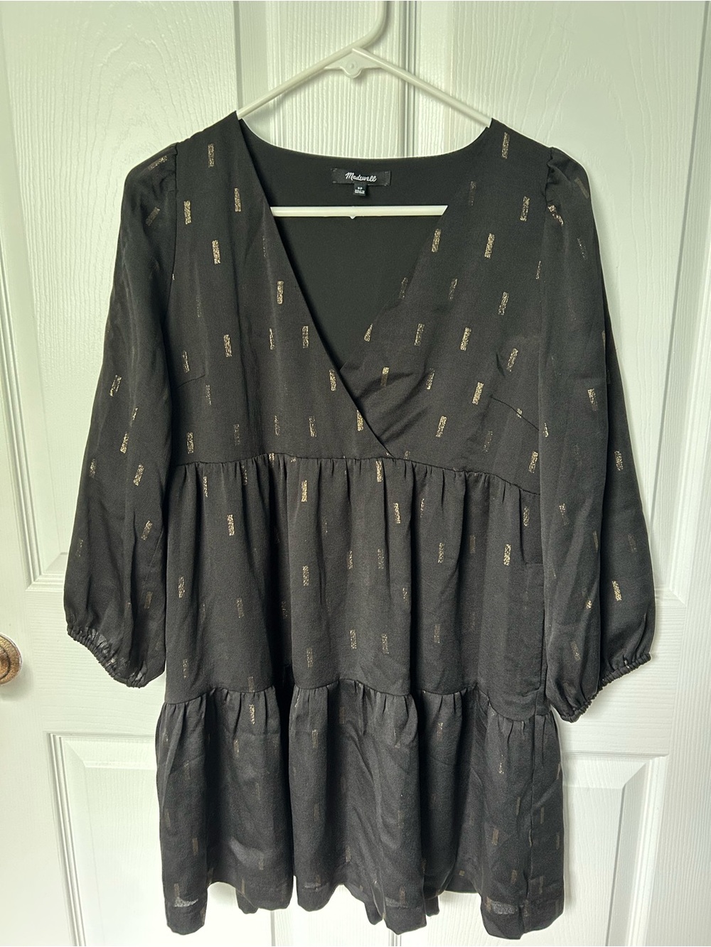 Madewell Black & Gold Metallic Jacquard Faux Wrap Tiered Mini Dress Size Small